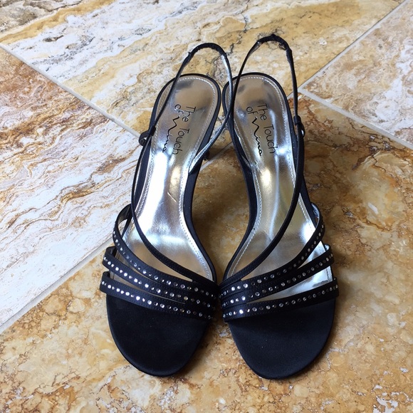 Nina black satin heeled sandals w/Crystal straps - Picture 4 of 8